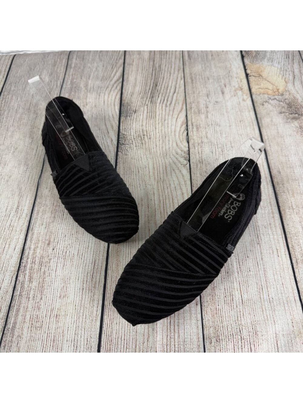 Skechers BOBS Slip On Shoes Striped Black Velvet Fabric Alpargata Flats Sz 7.5